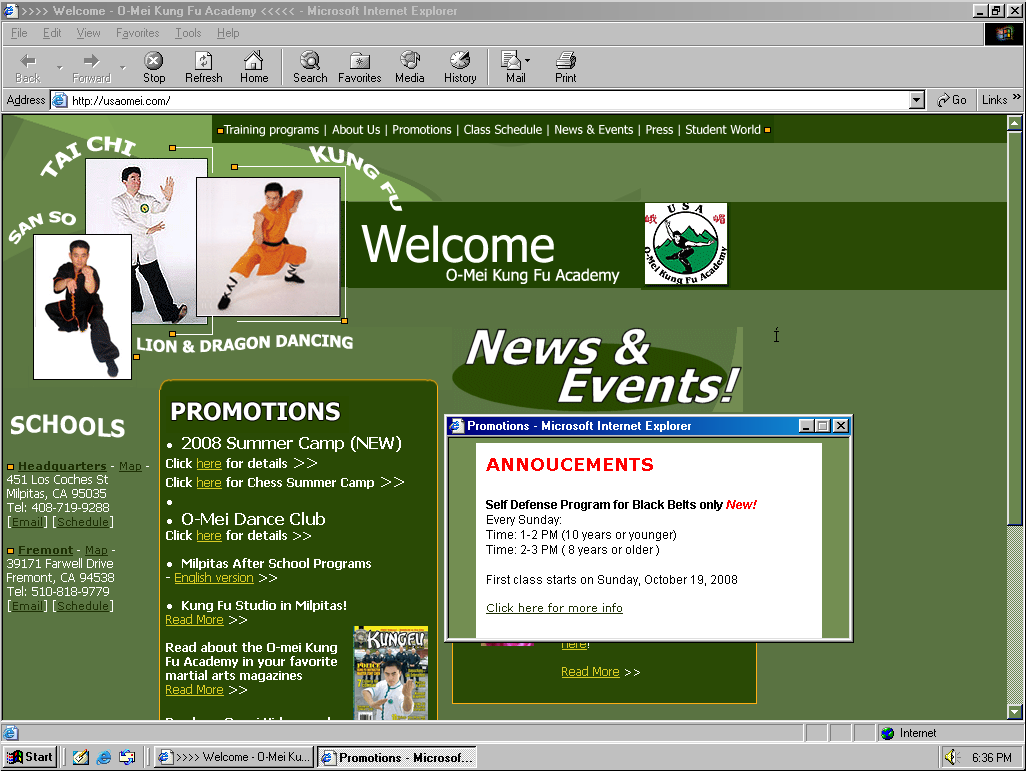 O-Mei Kung Fu Academy home page in 2009