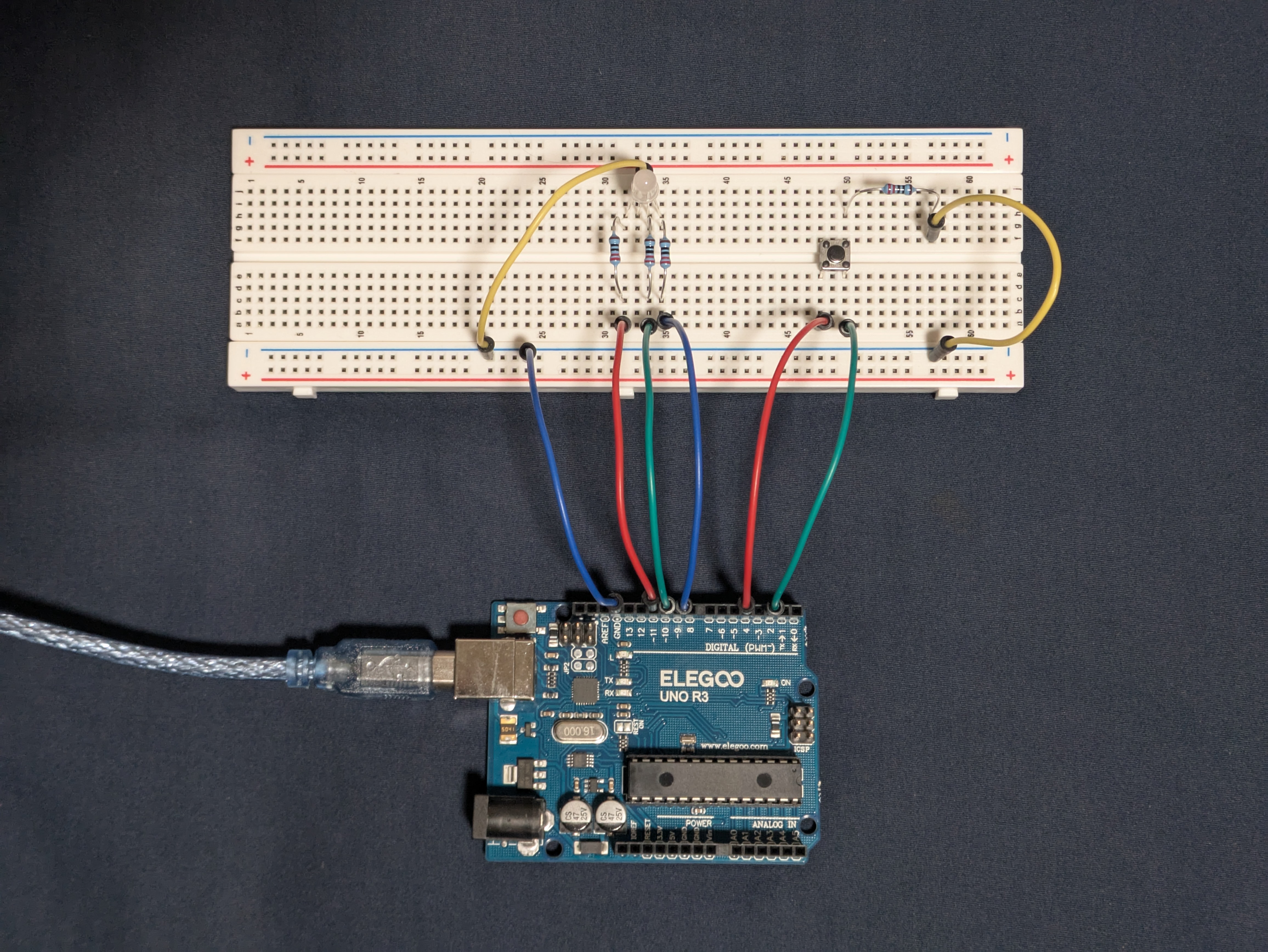 circuit with 3 LEDs and pushbutton