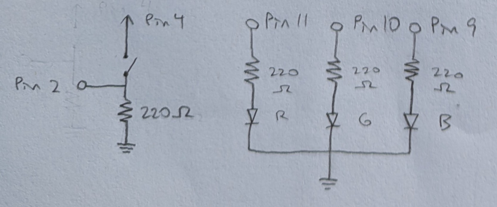 schematic for circuit with 3 LEDs and button